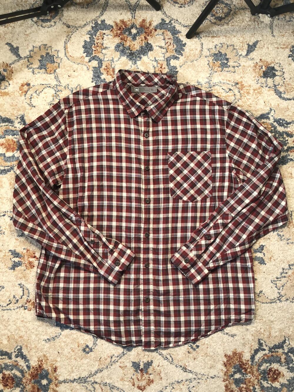 REI Shirt Mens XL Red Brown Plaid Button Down Long Sleeve Outdoor Hiking Pocket